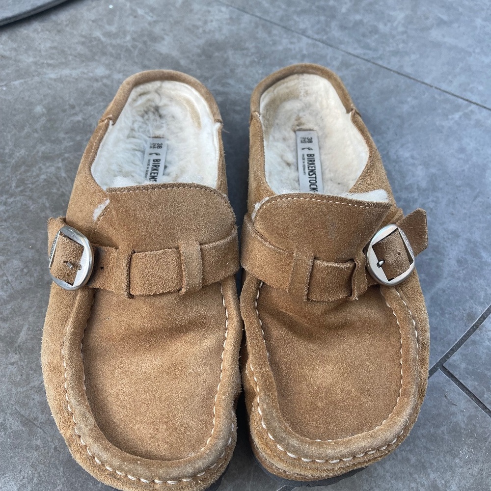 Birkenstock Buckley Shearling Clog Slip On Mules Tea Brown Suede Cork 38/7-7.5